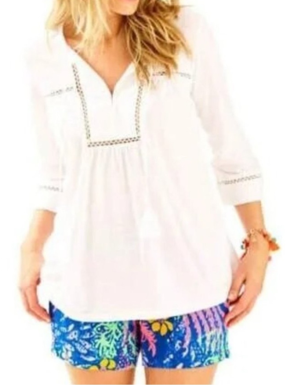 NWT Lilly Pulitzer White Crochet-Trim Tunic with Tassel Ties